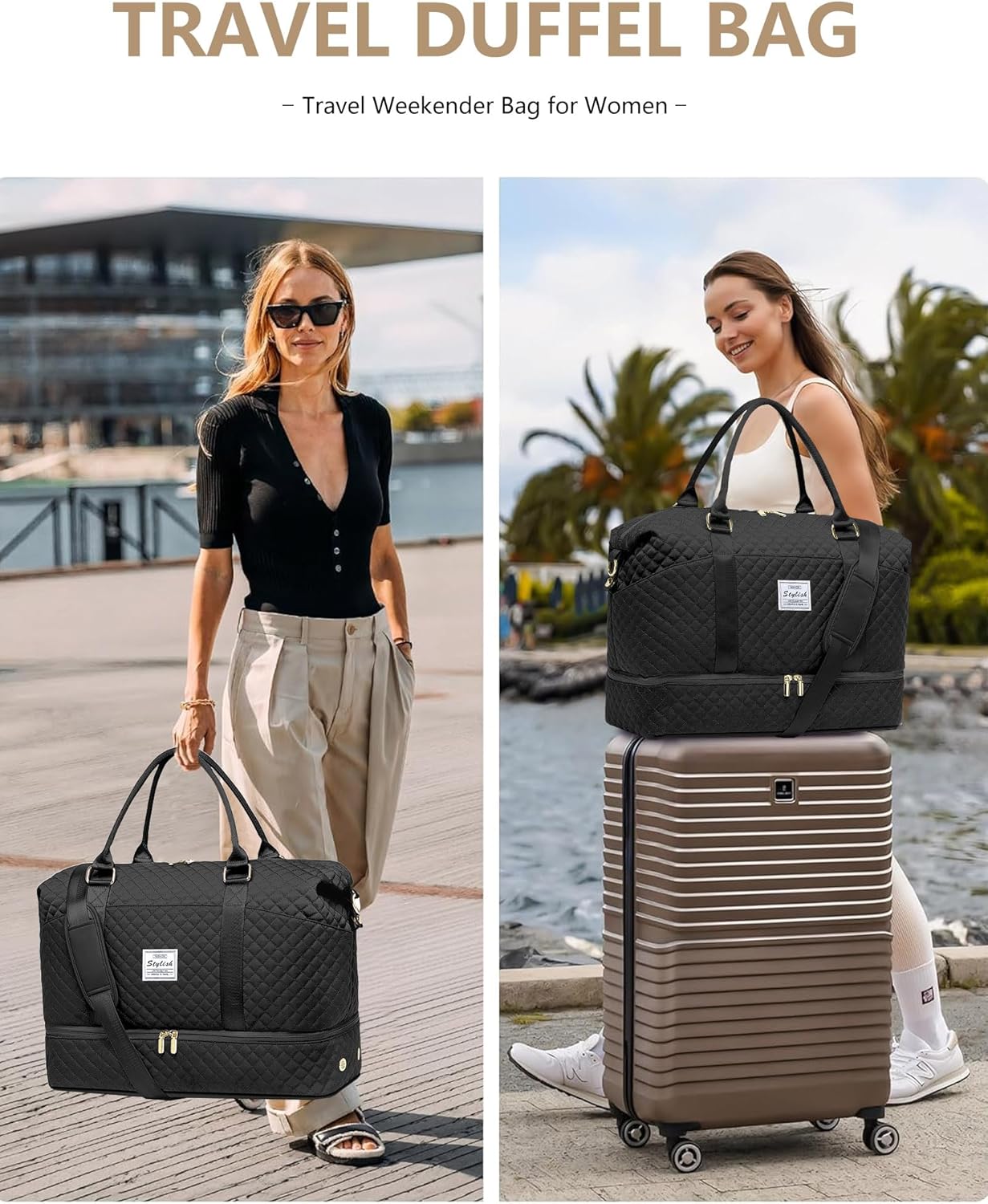 Women Weekender Travel Duffle Bags - Large Duffel Overnight Bag with Shoe Compartment & Toiletry Carry on Tote Weekend Yoga Gym Bags with Wet Pocket Hospital Bags for Labor and Delivery Black