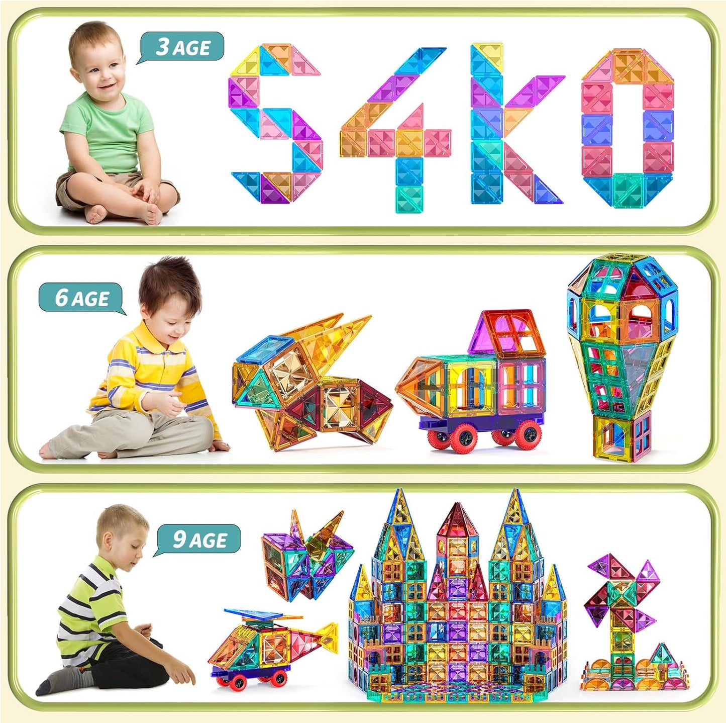 TEMI Magnetic Tiles,Building Blocks, Magnets Building Set, Learning & Education Toys Christmas Toy Gift for Ages 3 4 5 6 7 8+ Year Old Toddler Kids Boys and Girls (Magnetic Tiles-180pcs)