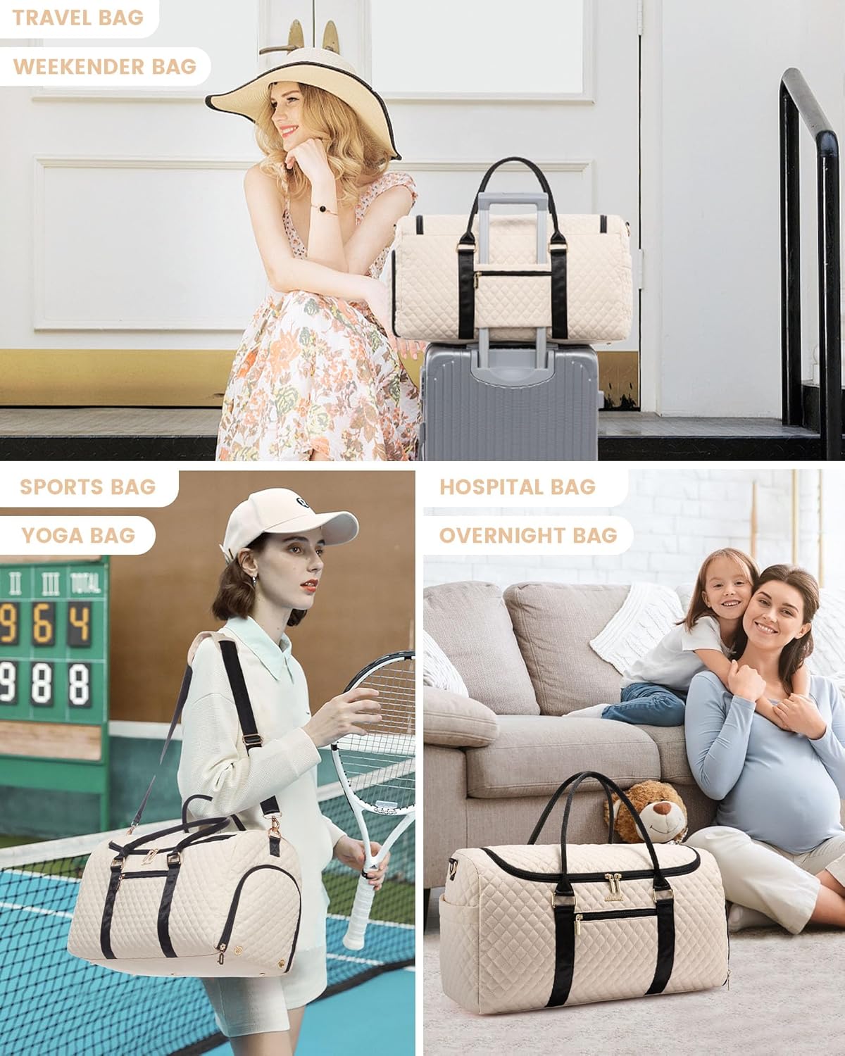 LOVEVOOK Travel Duffle Bag, 40L Weekender Overnight Bag with Toiletry Bag, Quilted Carry On Bag with Shoe Compartment, Gym Duffel Bag with Wet Pocket for Women, Hospital Bags for Labor and Delivery