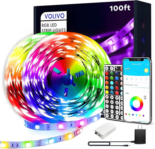 VOLIVO 100ft Led Strip Lights for Bedroom, Color Changing Led Light Strips Kit with 24 Keys IR Remote and Smart App Control, RGB Music Sync Lighting for Room, Home Decor
