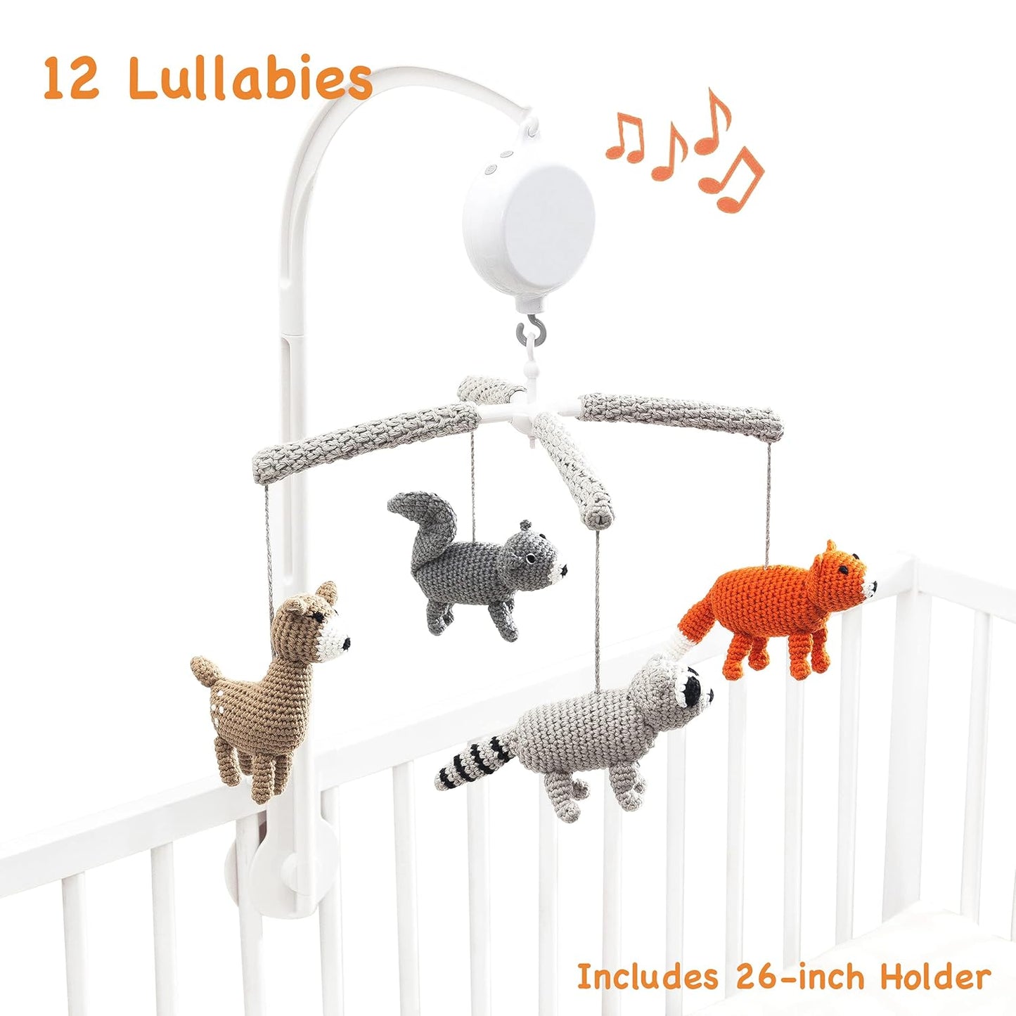 Joliecraft Jungle Animals Musical Baby Mobile for Crib, Handmade Nursery Crib Mobile in Gray, tan, Orange