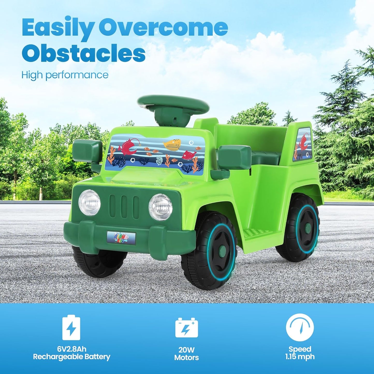 6V Toddler Ride On Car Interactive Electric Car with Horn LED Front Light Rear Storage Ocean Theme Perfect for Boys & Girls 18+ Months Safe & Fun for Little Explorers(Green Ocean)