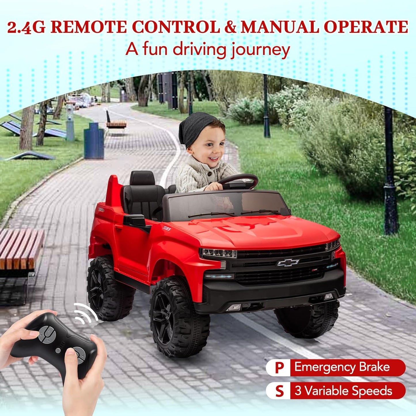 Hetoy 24V 2-Seater Truck Licensed Chevrolet Silverado Ride On Car Toy w/Parent Remote Control,4xSpring Suspension, 3 Speeds, Wireless Music, MP3 Player, Electric Vehicle Car for Kids, Red