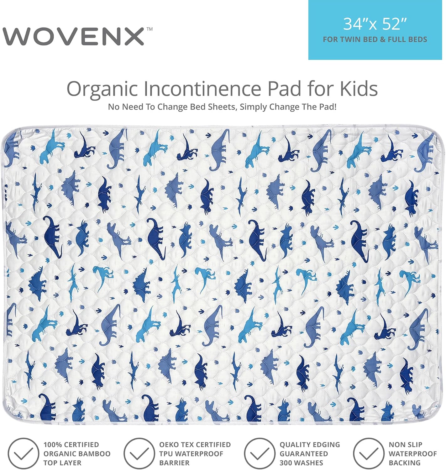 Organic Incontinence Pads for Kids & Toddlers - 5 Layer Waterproof Protectors for Overnight Bed Wetting - Reusable & Washable Pee Pads - Fits Twin to Full Size Beds - 34" x 52" Dinosaur