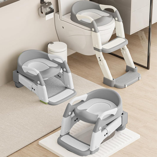 3-in-1 Toddler Potty Training Toilet Seat with Foldable Ladder – Adjustable Toddler Toilet Seat for Boys & Girls with Soft Cushion, Ergonomic Backrest, Non-Slip Pedal and Safety Grips (White & Gray)