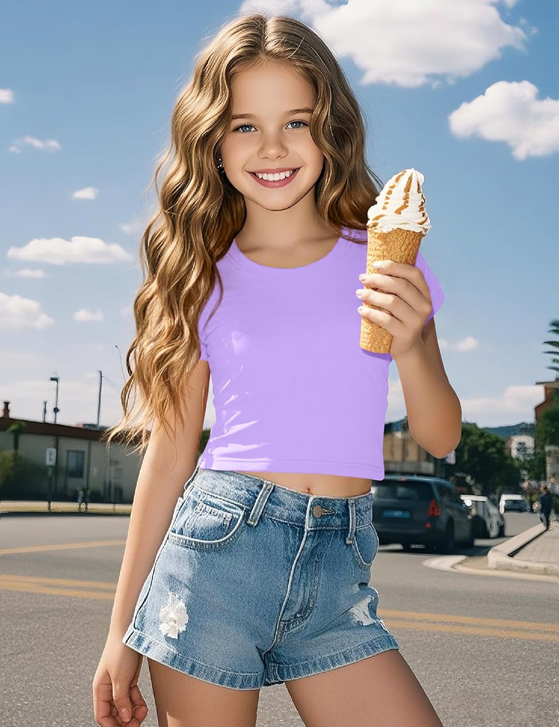 Auranso Girls Crop Tops Summer Short Sleeve Round Neck T Shirts Basic Tee for Kids