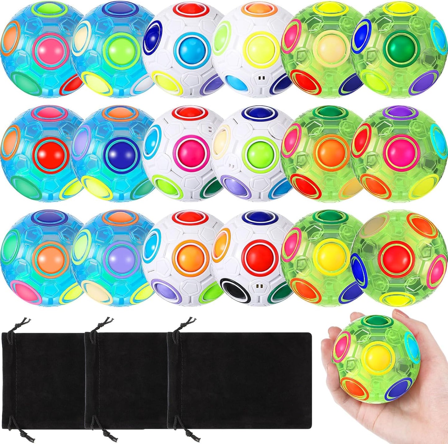 18 Pack Rainbow Puzzle Ball Magic Rainbow Ball with 3 Pack Pouches Fidget Toy Ball for Kids Speed Cube Ball Funny Stress Reliever Ball Christmas Stocking Stuffers for Kids Teen and Adults