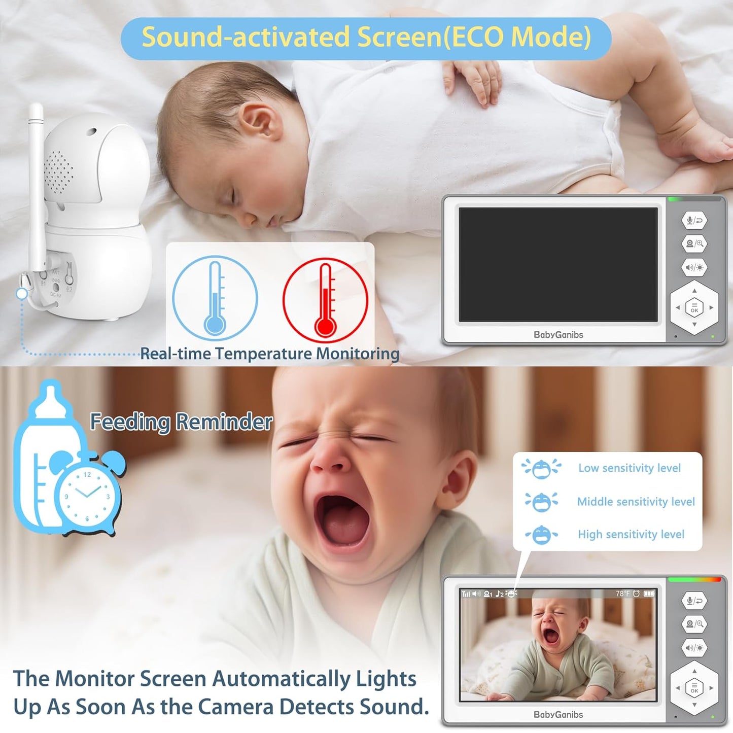 Baby Monitor with 2 Cameras Standby for 26-Hour Battery, Remote Control 4.3'' IPS Video Baby Monitor No WiFi Up to 1000ft Range, ECO, Night Vision, Temperature, 2-Way Talk, 8 Lullabies