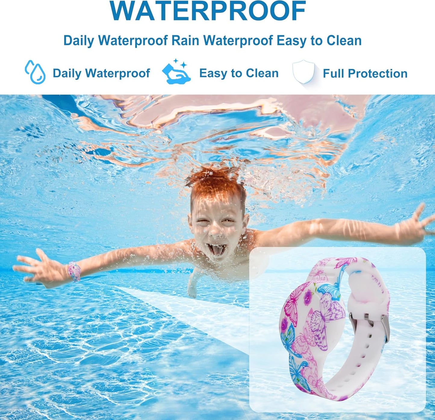 Waterproof Bracelet for airtag Kids, Soft Silicone Hidden Holder Case Compatible with Apple Airtag, Adjustable Anti-Lost Printed Strap GPS Traker for Toddler Child(Butterfly Pink)