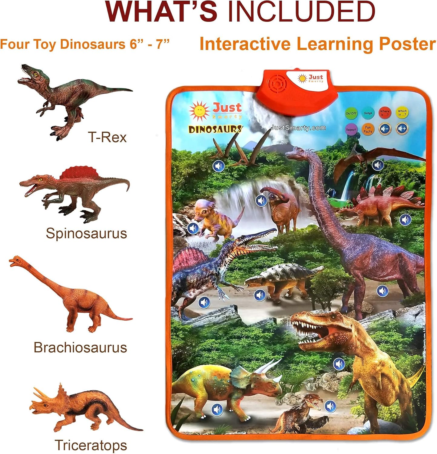 Just Smarty Interactive Dinosaur Toys Learning Poster | Dinosaur Toys for Kids 3-5 | Spinosaurus, Brachiosaurus, Trex, Velociraptor, Ankylosaurus and Other Reptile Toys | Best Dinosaur Party Favors
