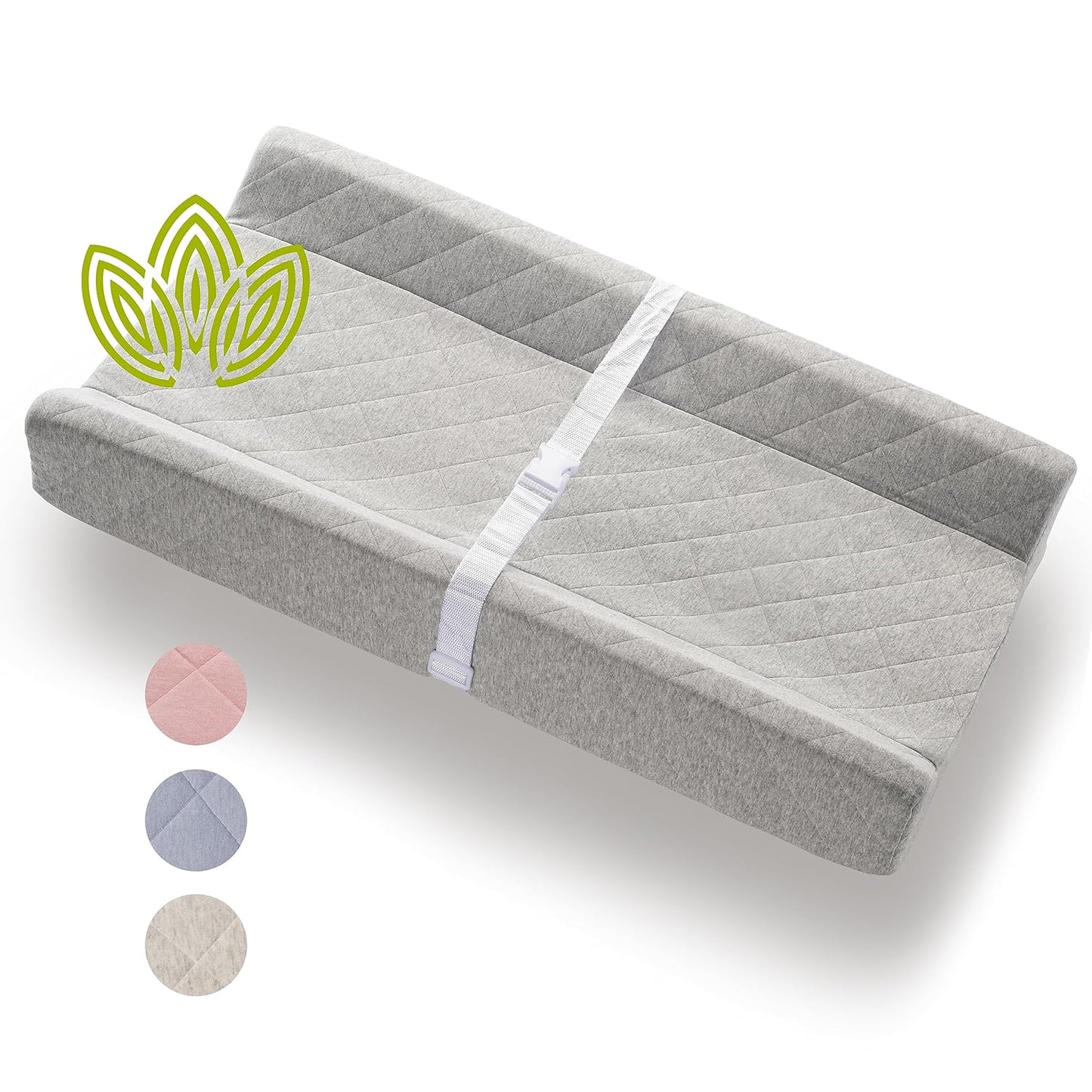 Organic Cotton Contoured Baby Changing Pad w/Waterproof Foam Mattress, Includes Soft, Removable & Washable Cover, Safety Strap, Non-Slip Bottom, Topper for Standard Size Infant Diaper Table & Dresser