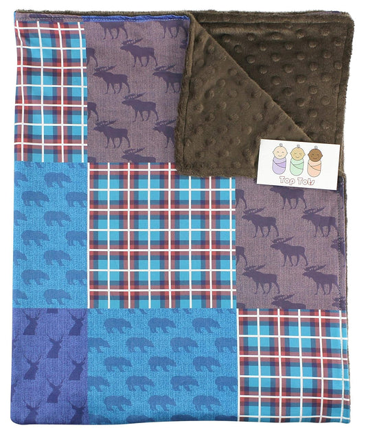 Top Tots “Woodland Animals Collection” Minky Baby Blanket, Moose, Bear and Deer Heads, Orange, Brown and Blue, Checkerboard Pattern, 29 Inches by 39 Inches