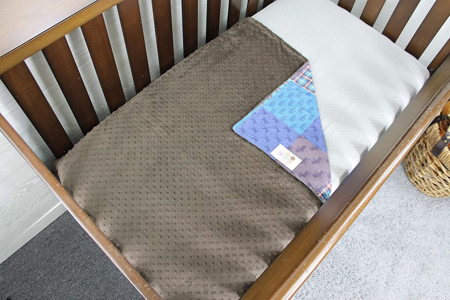 Top Tots “Woodland Animals Collection” Minky Baby Blanket, Moose, Bear and Deer Heads, Orange, Brown and Blue, Checkerboard Pattern, 29 Inches by 39 Inches