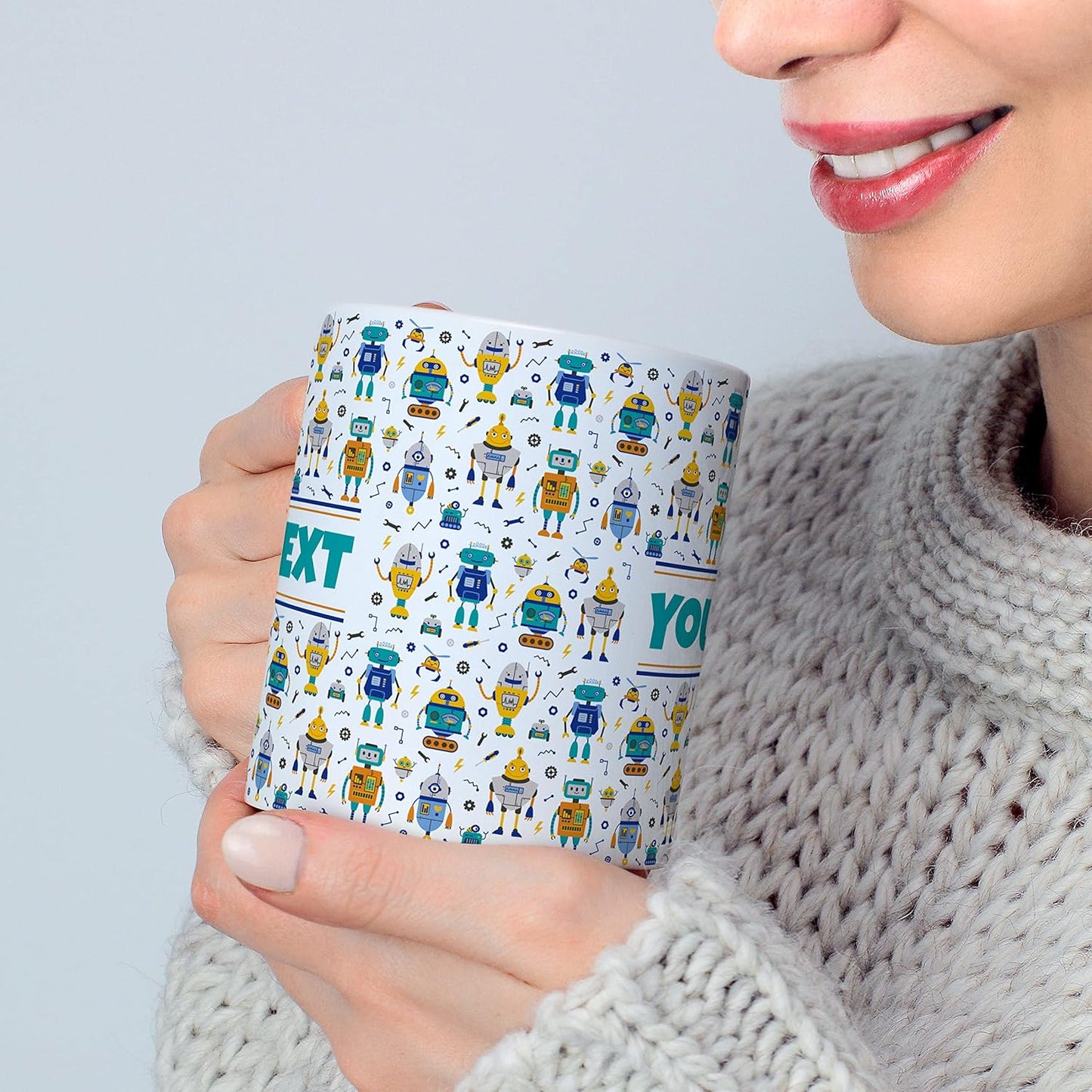 Personalized Mug for Kids - Robots - Custom Name/Text, Ceramic Hot Chocolate/Cocoa/Coffee Cup for Boys, Birthday/Christmas/Holiday Gift - 11 oz, Light Blue Handle