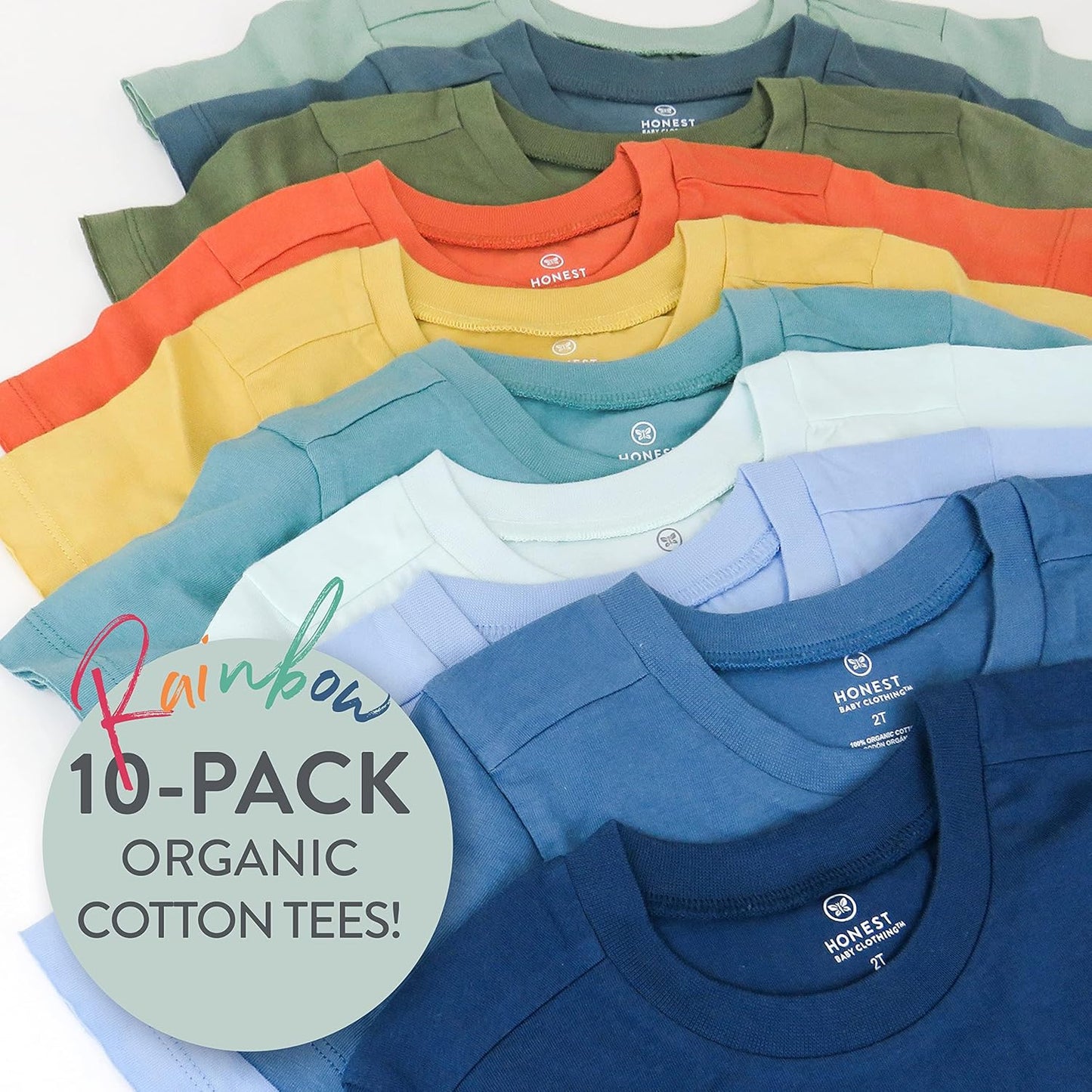 HonestBaby 10-Pack Short Sleeve T-shirts 100% Organic Cotton Baby, Toddler, Little Kids, Boys, Girls, Unisex