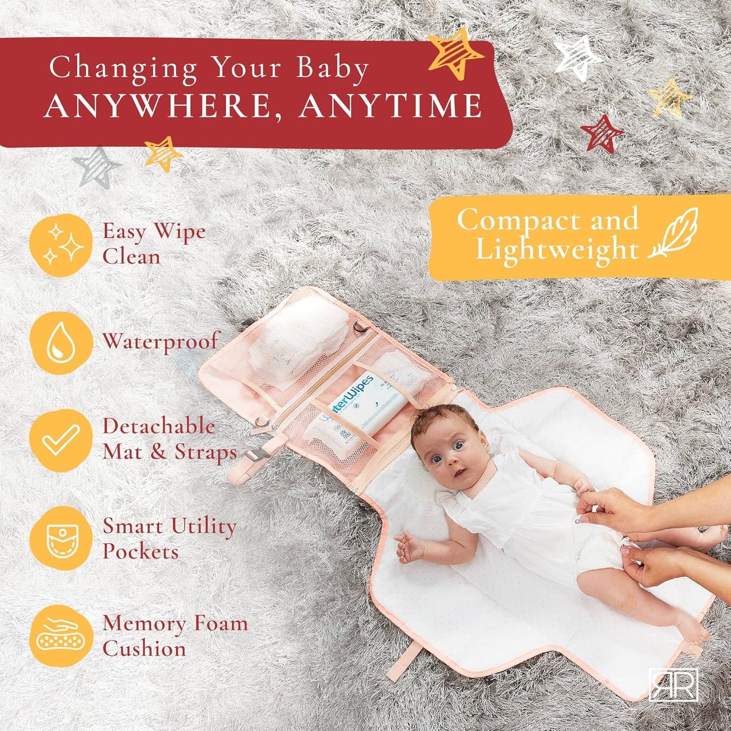 Premium Portable Diaper Changing Pad – CPC Certified Waterproof 2-in-1 Diaper Clutch & Changing Mat with Head Cushion – Bonus Insulated Bottle Bag – Travel Kit Gift for Baby Girls & Boys (Peach)