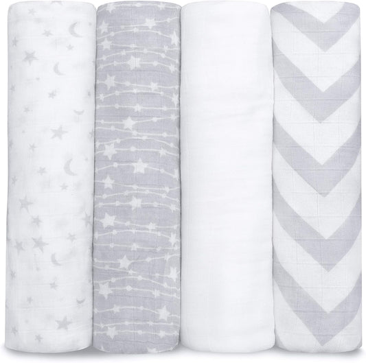 Comfy Cubs Muslin Swaddle Blankets Pack of 4, 47 x 47 Inches, Soft Cotton Baby Blanket Set, Large Multipurpose Swaddling Wraps for Newborns - Self-Soothing Swaddle - Grey
