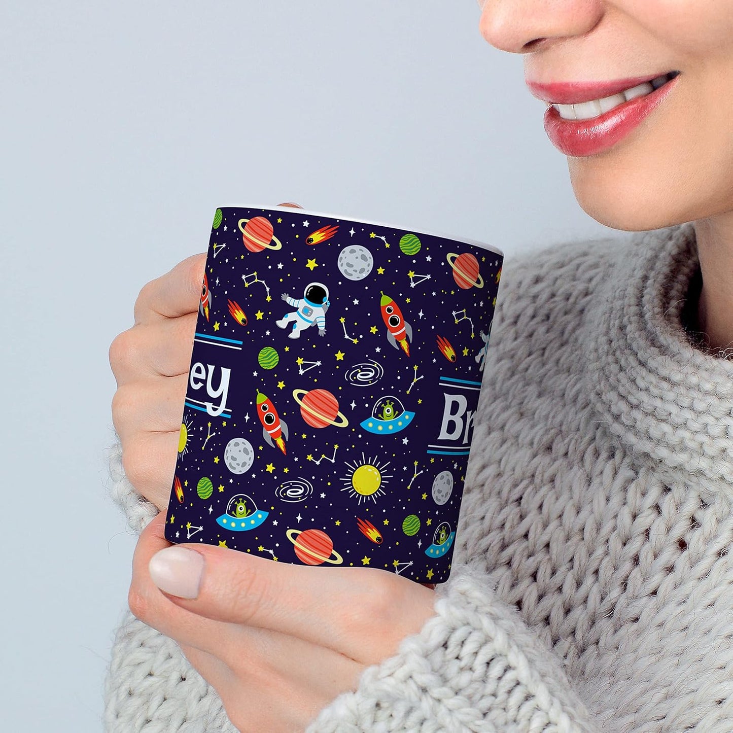 Personalized Mug for Kids - Outer Space - Custom Name/Text, Ceramic Hot Chocolate/Cocoa/Coffee Cup for Boys/Girls, Birthday/Christmas/Holiday Gift - 11 oz, Pink Handle