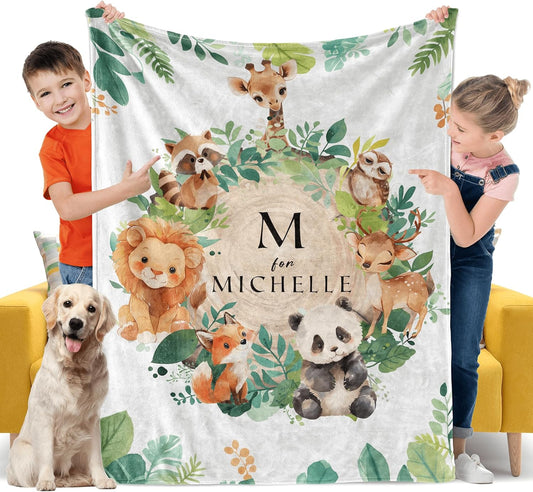 Jungle Safari Animals Greenery Monogram Baby Blanket, Personalized Custom Baby Throw Blanket with Name for Boys Newborn Son Daughter Grandson Granddaughter Toddler Birthday Bed Blanket