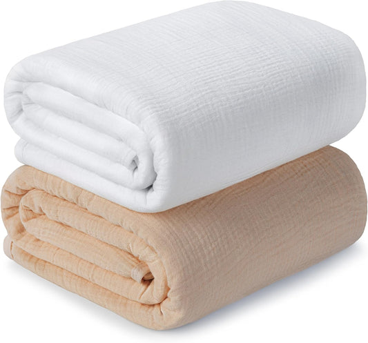 Muslin Swaddle Blankets for Newborn, 2 Pack Breathable Soft Receiving Blanket, Large 41 x 41 inches Swaddle Wrap Burping Clothes, Essentials Infant Shower Items. (Beige & White)