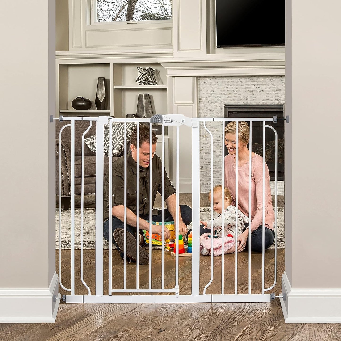 Regalo 36-Inch Extra Tall and 49-Inch-Wide Walk Thru Baby Gate, includes 4-Inch and 12-inch Extension Kit, 4 Pack of Pressure Mount Kit and 4 Pack of Wall Mount Kit