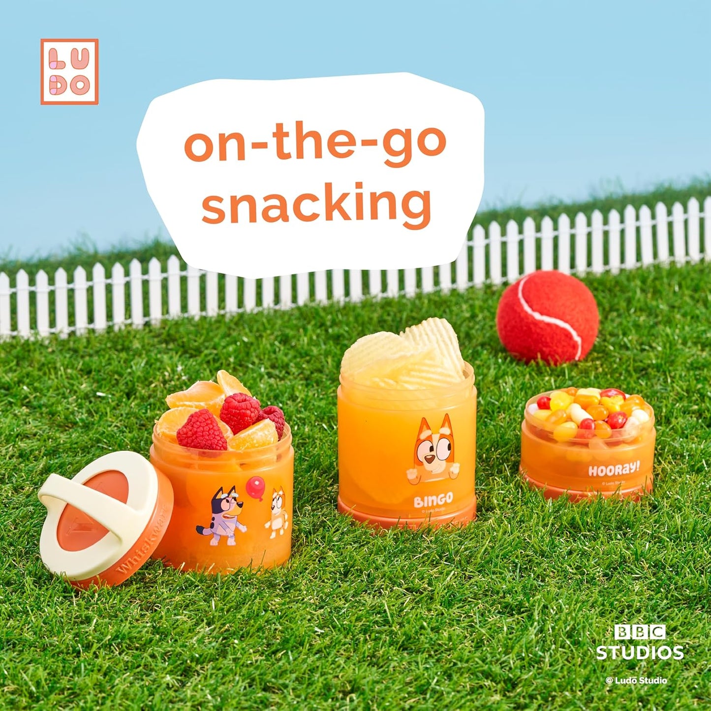Whiskware Bluey Stackable Snack Containers for Kids and Toddlers, 3 Stackable Snack Cups for School and Travel, Bluey and Bingo, Hooray!