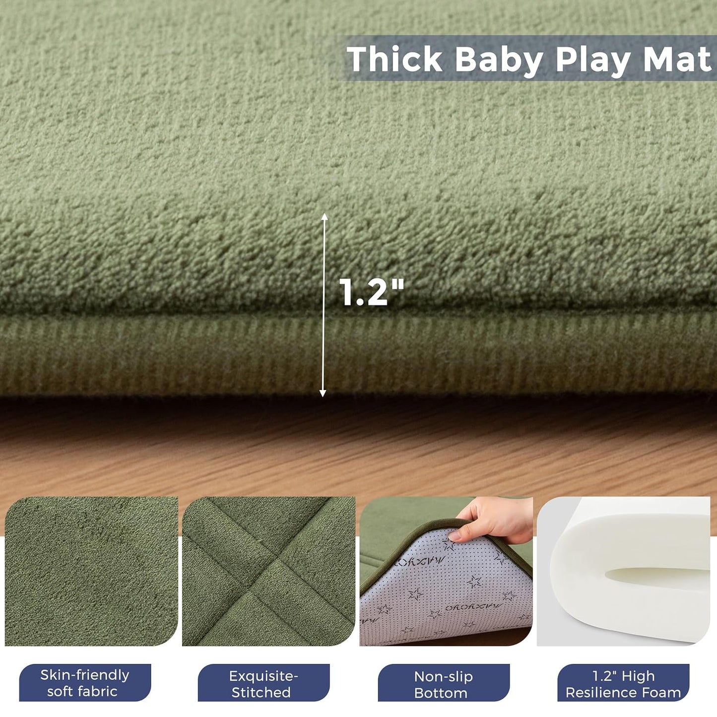 MAXYOYO 1.2" Thick Baby Play Mat for Floor, 49"x 49" Foldable Playpen Mat, Tummy Time Foam Mats Ultra Soft Support,Padded Carpet with Non-Slip Backing for Infant,Kids and Toddler Crawling, Green