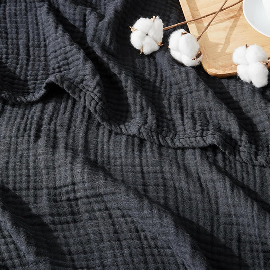 EMME Cotton Muslin Throw Blanket Couch Breathable Gauze Blanket Soft Lightweight Blankets Adults (Black, 50"x60")