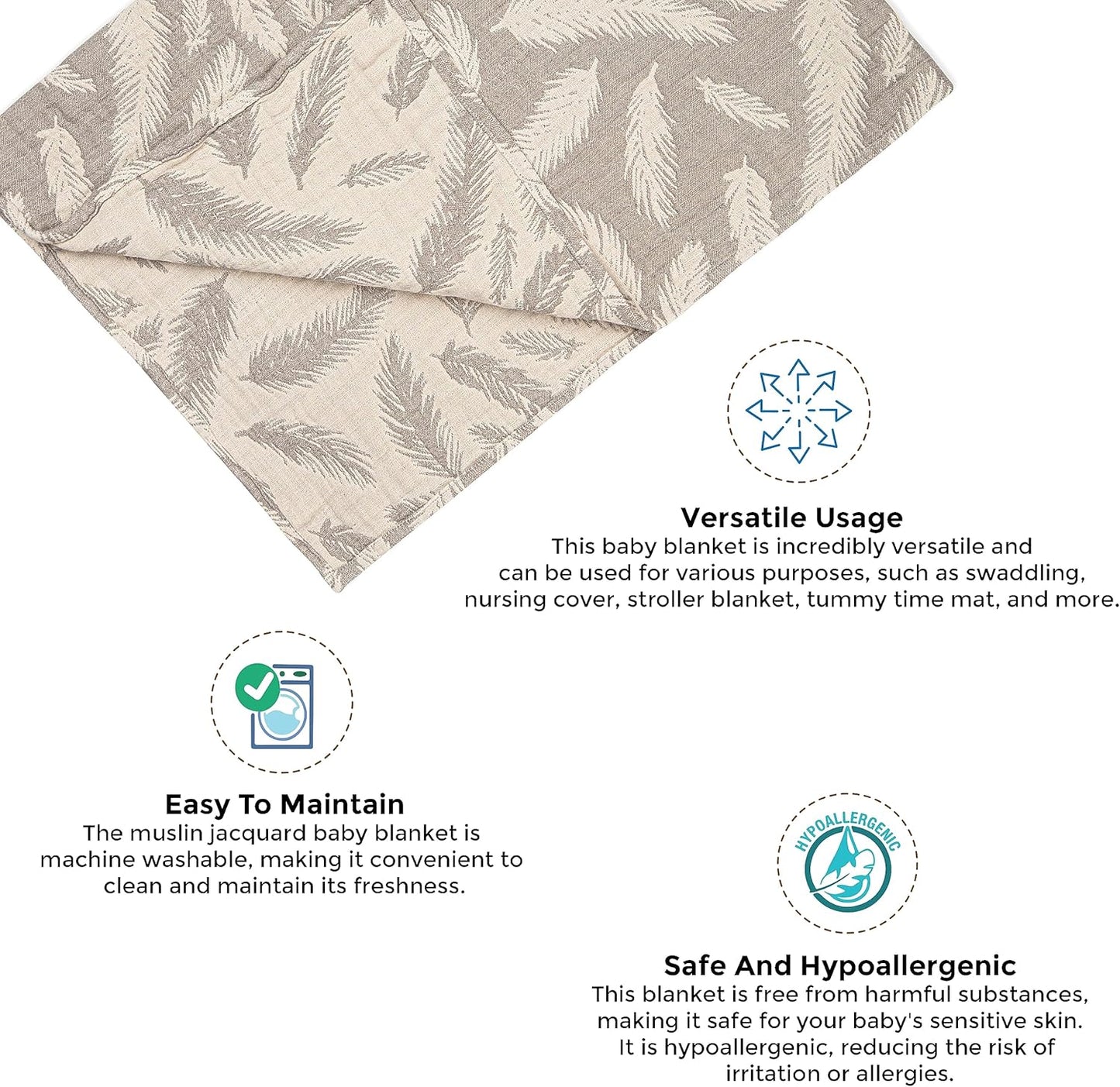 Crane Baby Blanket, Soft Cotton Jacquard Nursery and Stroller Blanket for Boys and Girls, Grey Feather, 30” x 40”