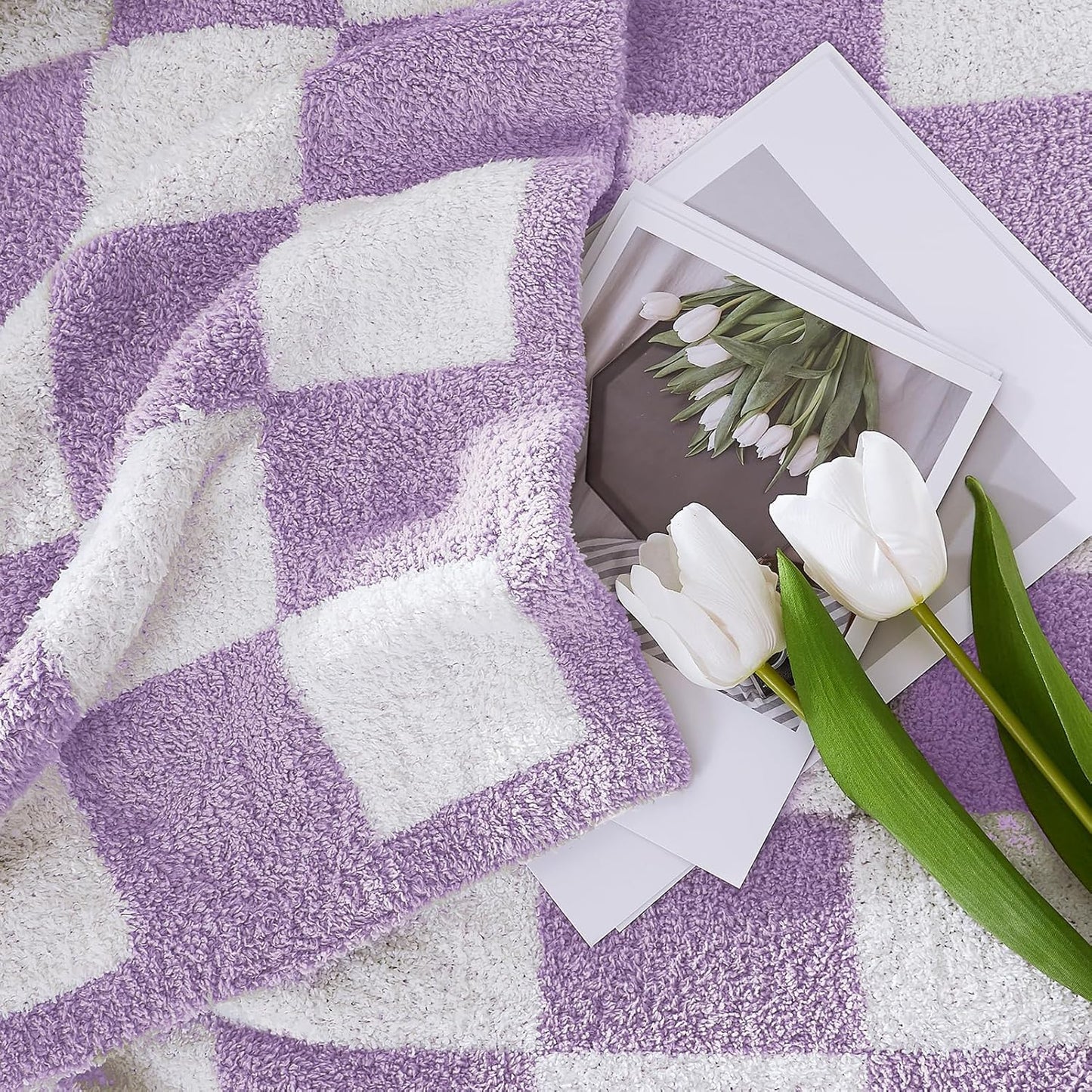WRENSONGE Checkered Throw Blanket, Purple Soft Cozy Fluffy Warm Hand Made Throw Blankets for Couch, Sofa, Chair, Bed, Camping, Picnic, Travel Lightweight Bed Blanket - 50"*70"