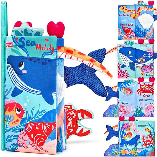 JoyCat Ocean Baby Books Toys 0-6 Months, Cloth Book Baby Shower Newborn Gifts for Boys Girls Stocking Stuffers, Touch and Feel Tummy Time Crinkle Cloth Book for Infant 0-3-6-12-18 Months