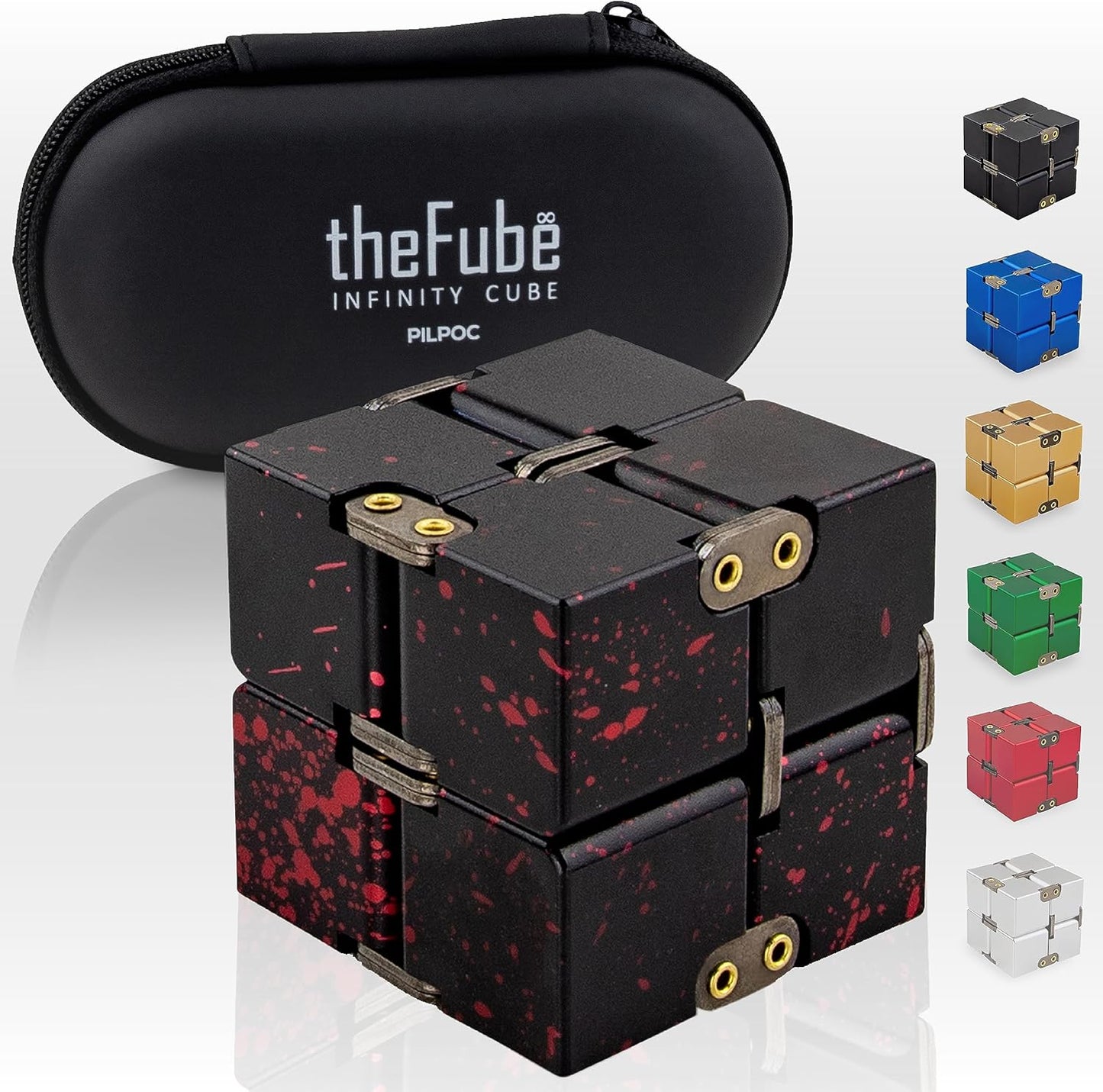 PILPOC theFube Infinity Cube Fidget Desk Toy - Aluminum Infinite Magic Cube with Case, Sturdy, Heavy, Relieve Stress and Anxiety, for ADD, ADHD, OCD (Black Red)
