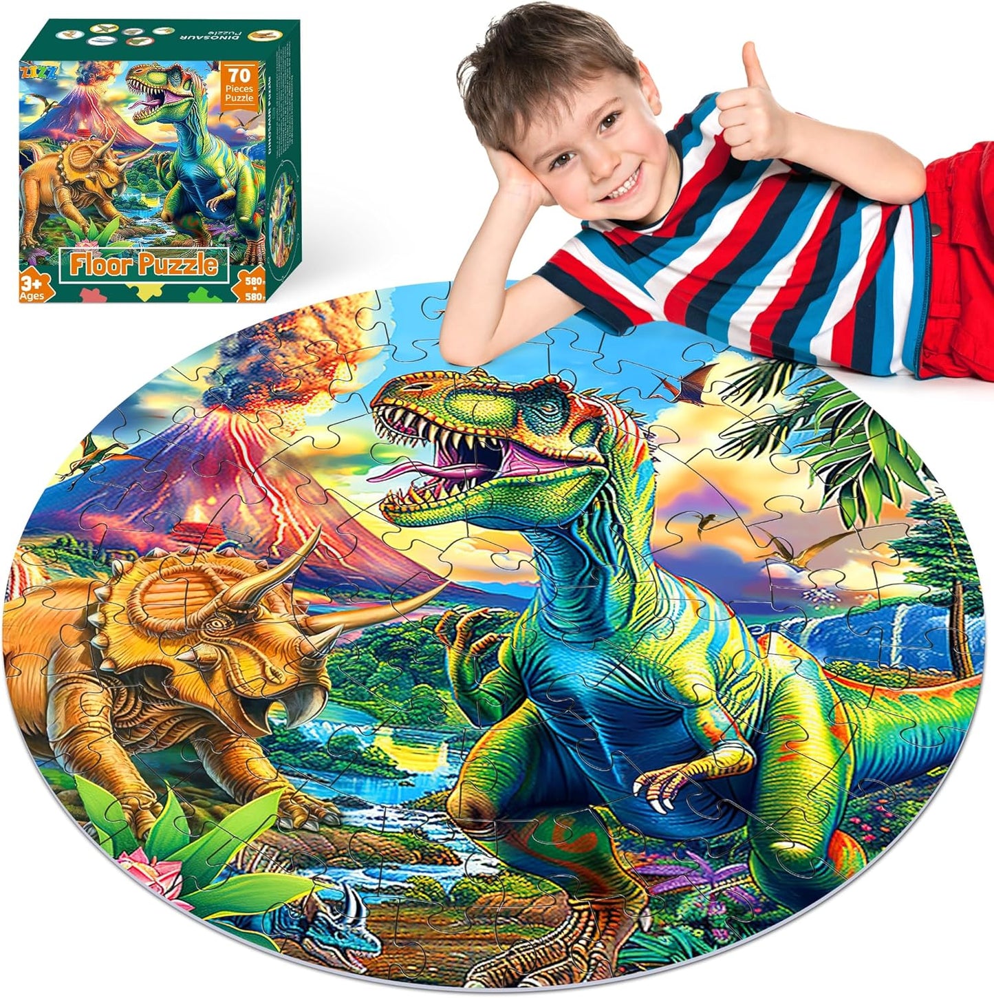 ZIZZ Dinosaur Floor-Puzzles Toy for Kids: 70Piece Dinosaur Puzzle for Kids Age 3 4 5 6 7 8 Year Olds Boy Learning & Educational Games Toys Toddlers Best Gifts for Birthday Christmas