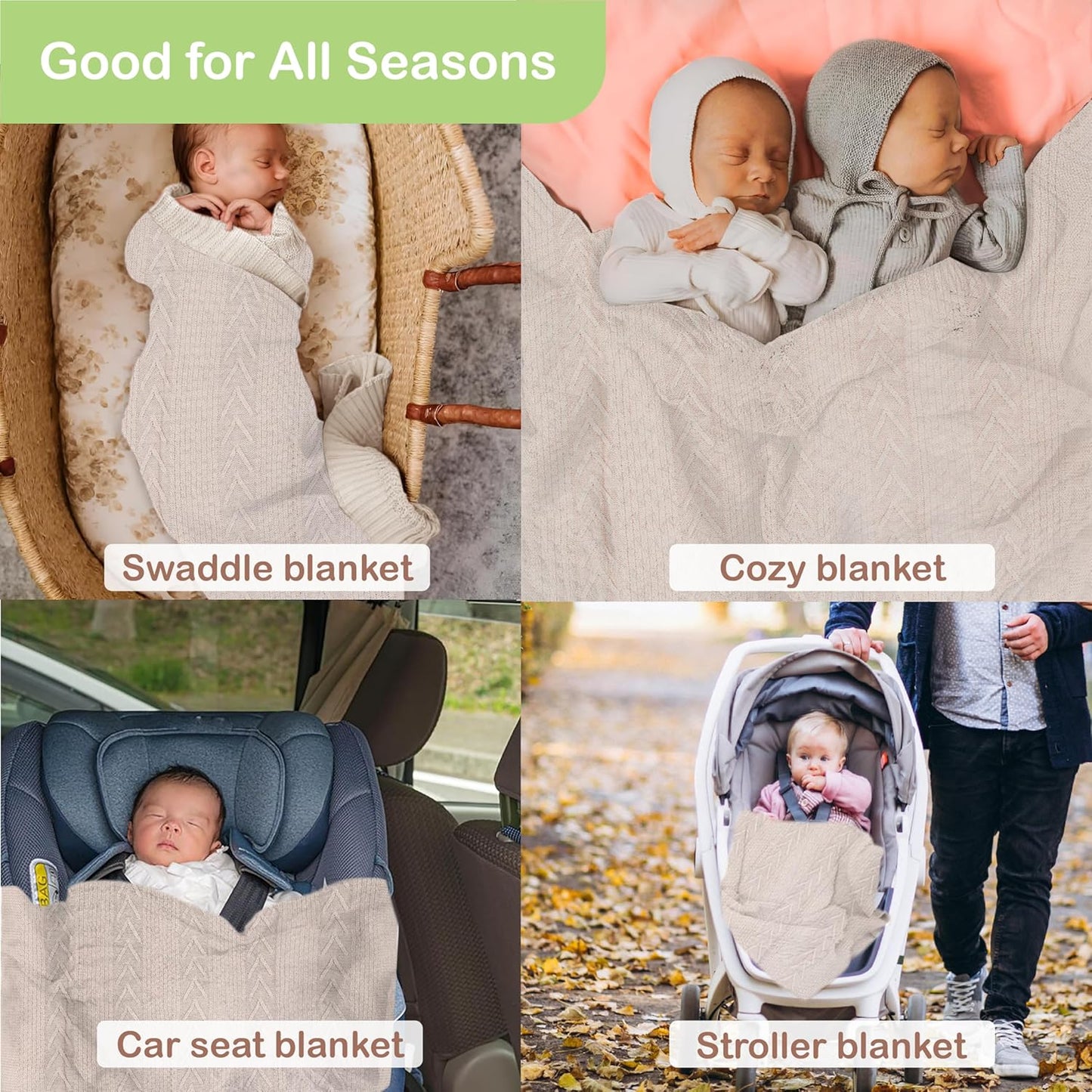 Organic Cotton Baby Blanket - 31.5 x 43.3 Inches, Soft Knitted Crib Blanket for Boys & Girls, Breathable Design (Beige)