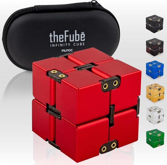 PILPOC theFube Infinity Cube Fidget Desk Toy - Premium Quality Aluminum Infinite Magic Cube with Exclusive Case, Sturdy, Heavy, Relieve Stress and Anxiety, for ADD, ADHD, OCD (Red)