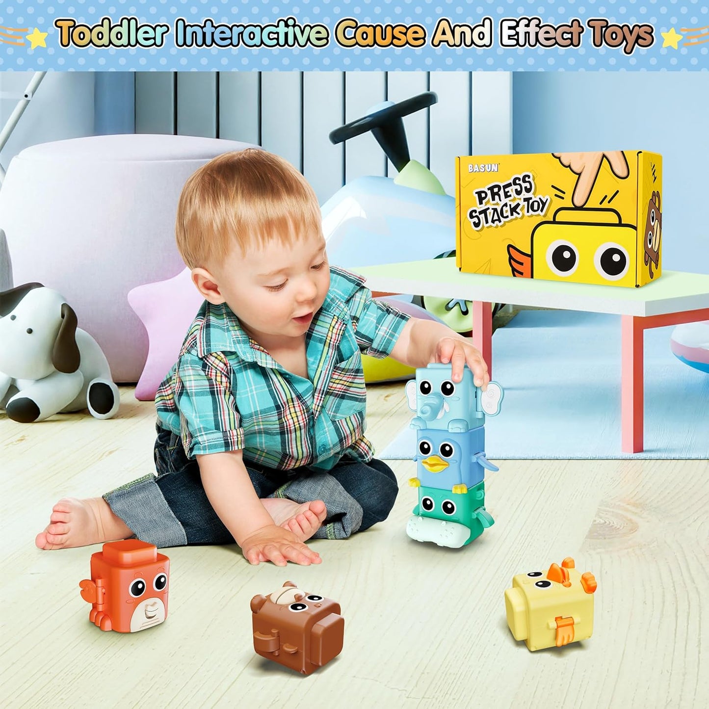 Stacking Toys Set for Toddlers 18+ Months, 6 in 1 Infant Sensory Toys with Changing Expressions, Pressable Animal Stacking Blocks, Christmas Birthday Gifts for 1 2 3 4 Years Old Baby Boys Girls