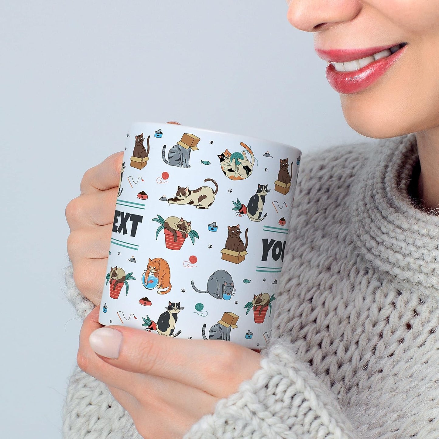 Personalized Mug for Kids - Cats - Custom Name/Text, Ceramic Hot Chocolate/Cocoa/Coffee Cup for Boys/Girls, Birthday/Christmas/Holiday Gift - 11 oz, White Handle