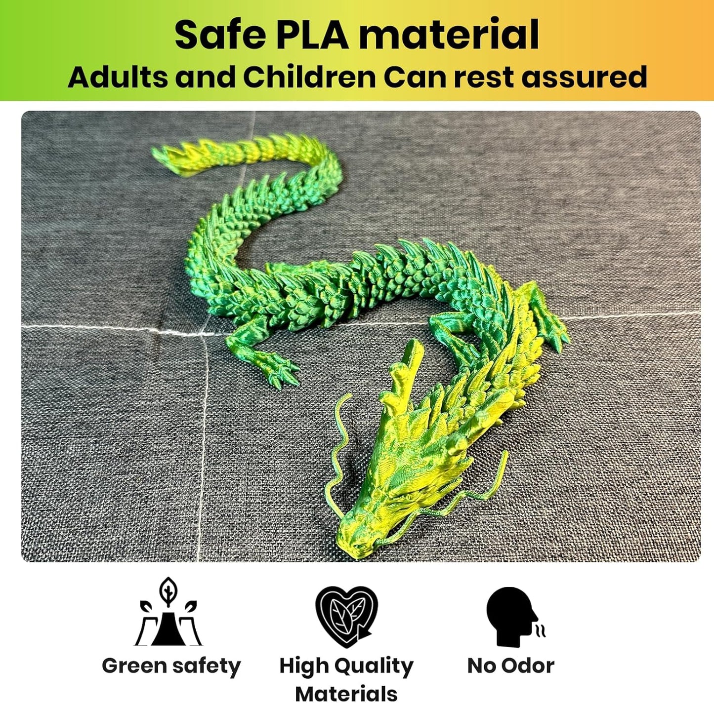 3D Printed Dragon,Chinese Dragon,Dragon Statue,Fidget Toys ,18 in,Fidget Toys for Autism/ADHD,3D Printed Gift Toy, Executive Desk Toys,Home Office Decor (Yellow Green)