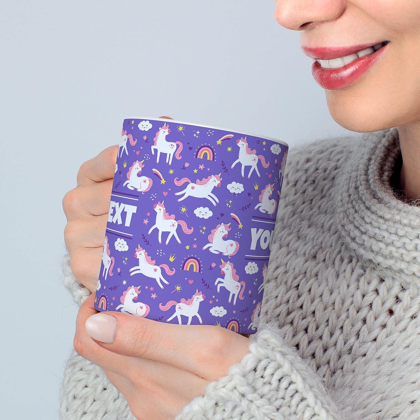 Personalized Mug for Kids - Purple Unicorn - Custom Name/Text, Ceramic Hot Chocolate/Cocoa/Coffee Cup for Girls, Birthday/Christmas/Holiday Gift - 11 oz, Light Blue Handle