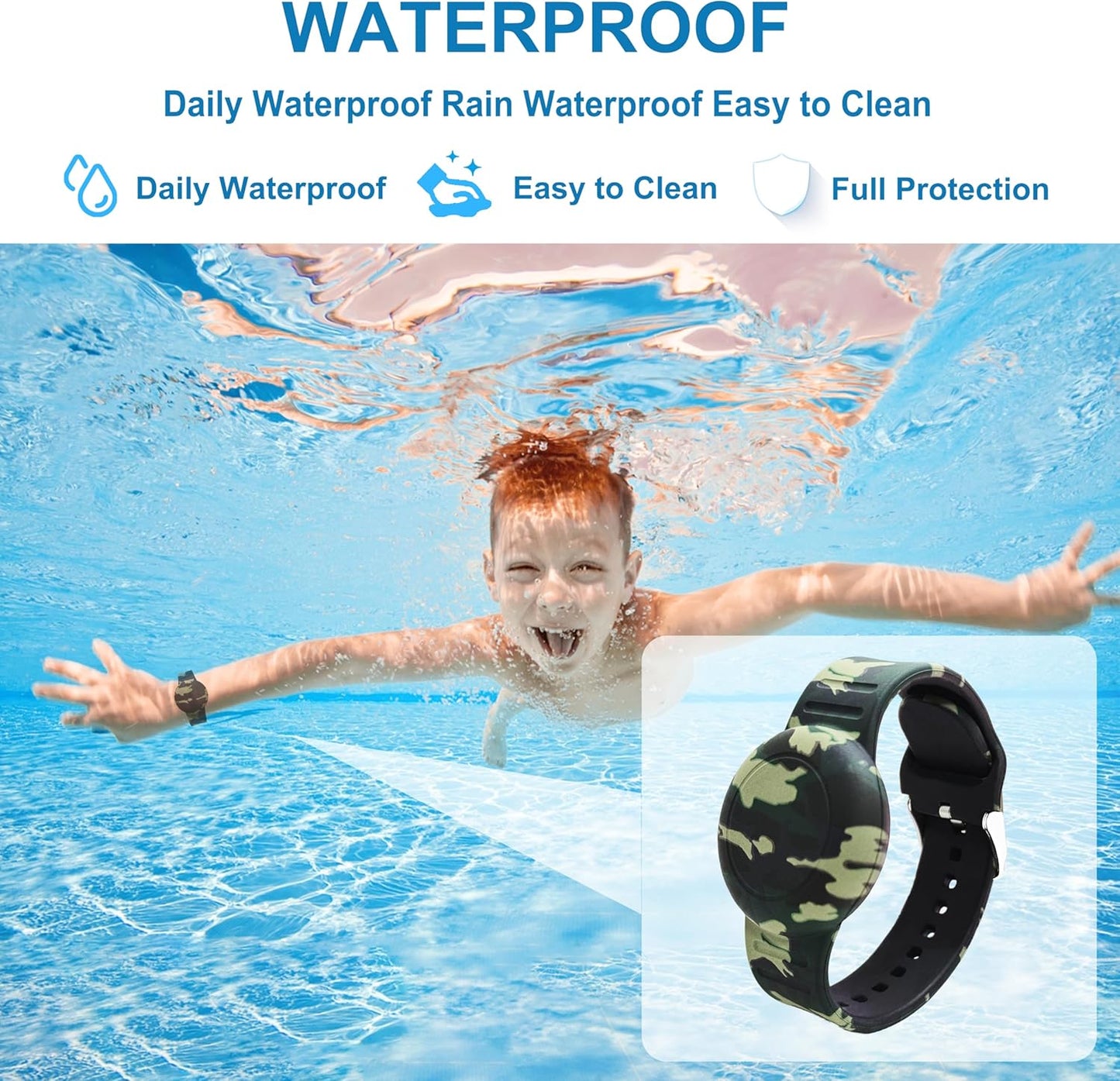 Waterproof AirTag Bracelet for Kids, Soft Silicone Air Tag Hidden Holder Case Compatible with Apple Airtag, Adjustable Anti-Lost Printed Strap GPS Traker for Toddler Child(Camouflage Green)