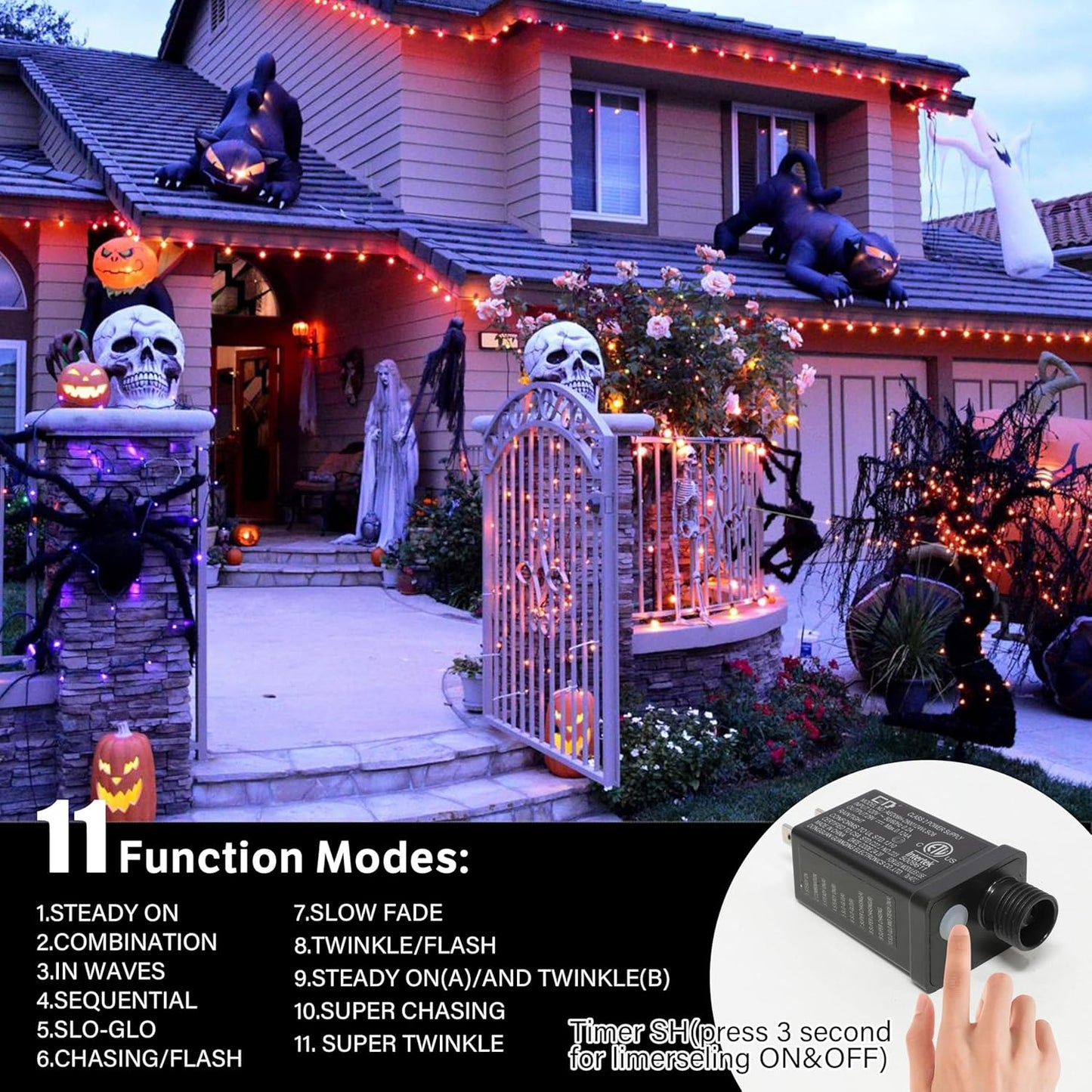 33ft Halloween Decorative Mini Lights, 100 LED Transparent Wire Fairy Starry String Lights Plug in, 11Lighting Modes, for Halloween Decoration Outdoor Xmas Tree Party Decoration (Orange)