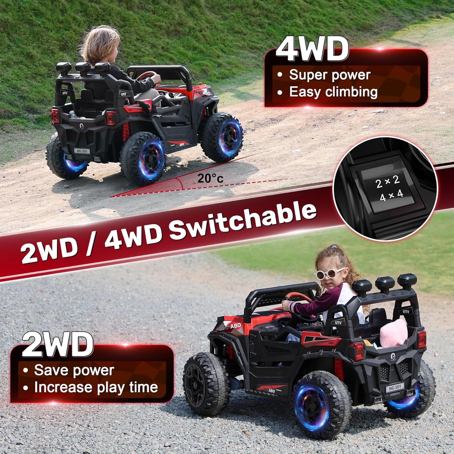 ANPABO 24V 4X4 Ride on Car Truck w/Remote Control, 4WD/2WD Switchable Kids UTV, 19" Spacious Seat, 4 Shock Absorbers, Soft Start, Music Player, Electric Car for Kids Ages 3+(Red)