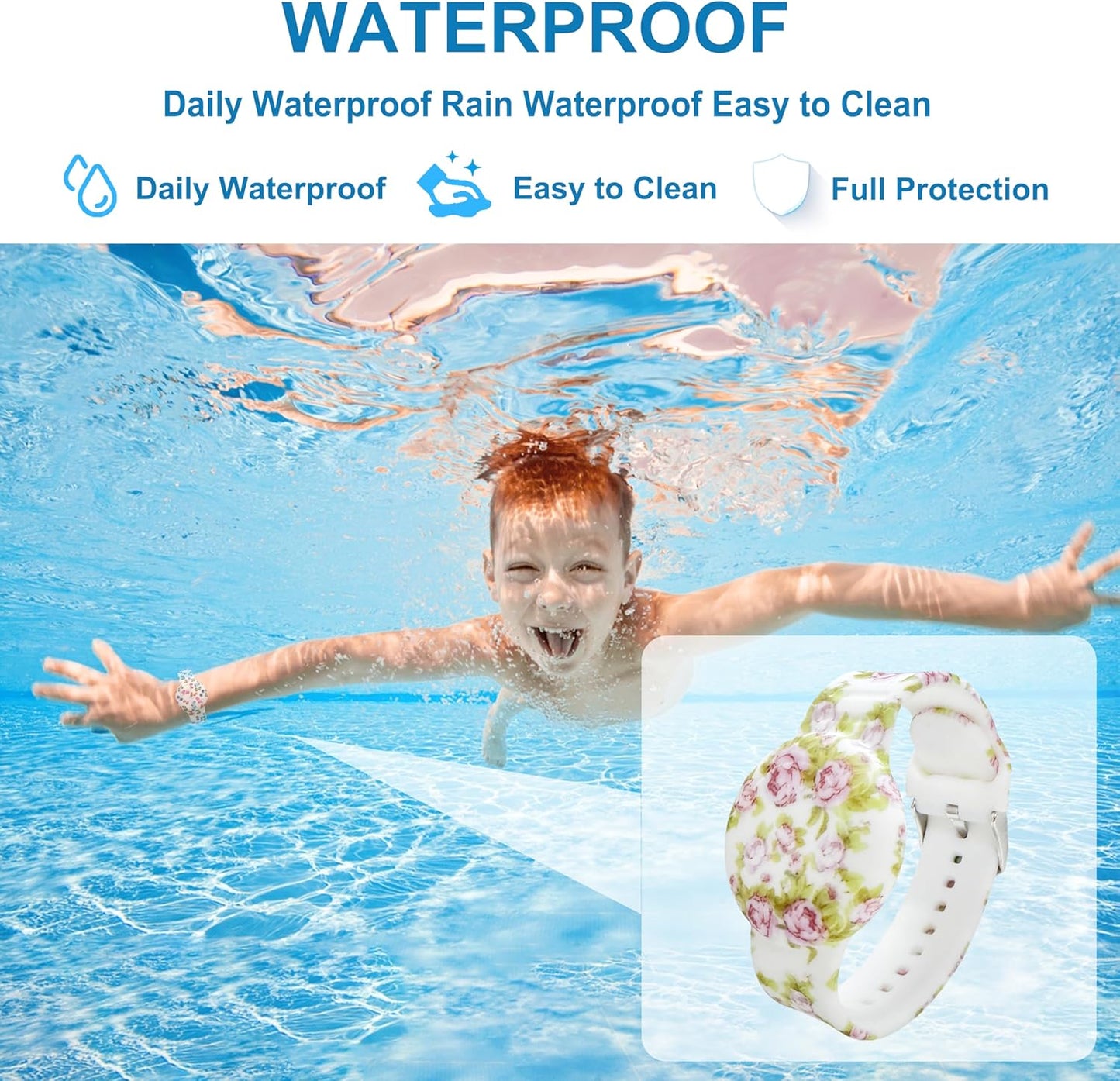 Waterproof AirTag Bracelet for Kids, Soft Silicone Air Tag Hidden Holder Case Compatible with Apple Airtag, Adjustable Anti-Lost Printed Strap GPS Traker for Toddler Child(Pink Rose)