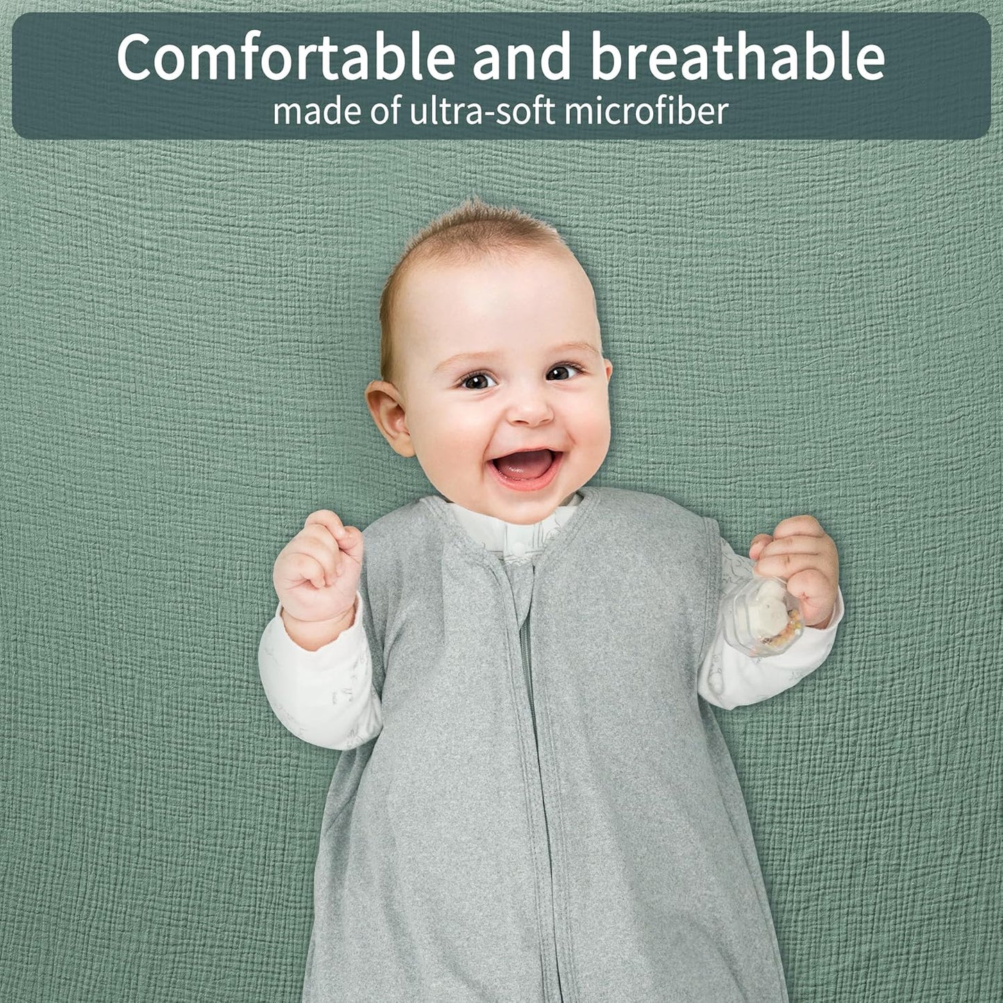 Muslin Crib Sheets for Boys Girls 100% Cotton Fitted Baby Crib Sheet 2 Pack Soft and Breathable for Standard Crib Mattress & Toddler Mattress 52x28in (Gray & Green)