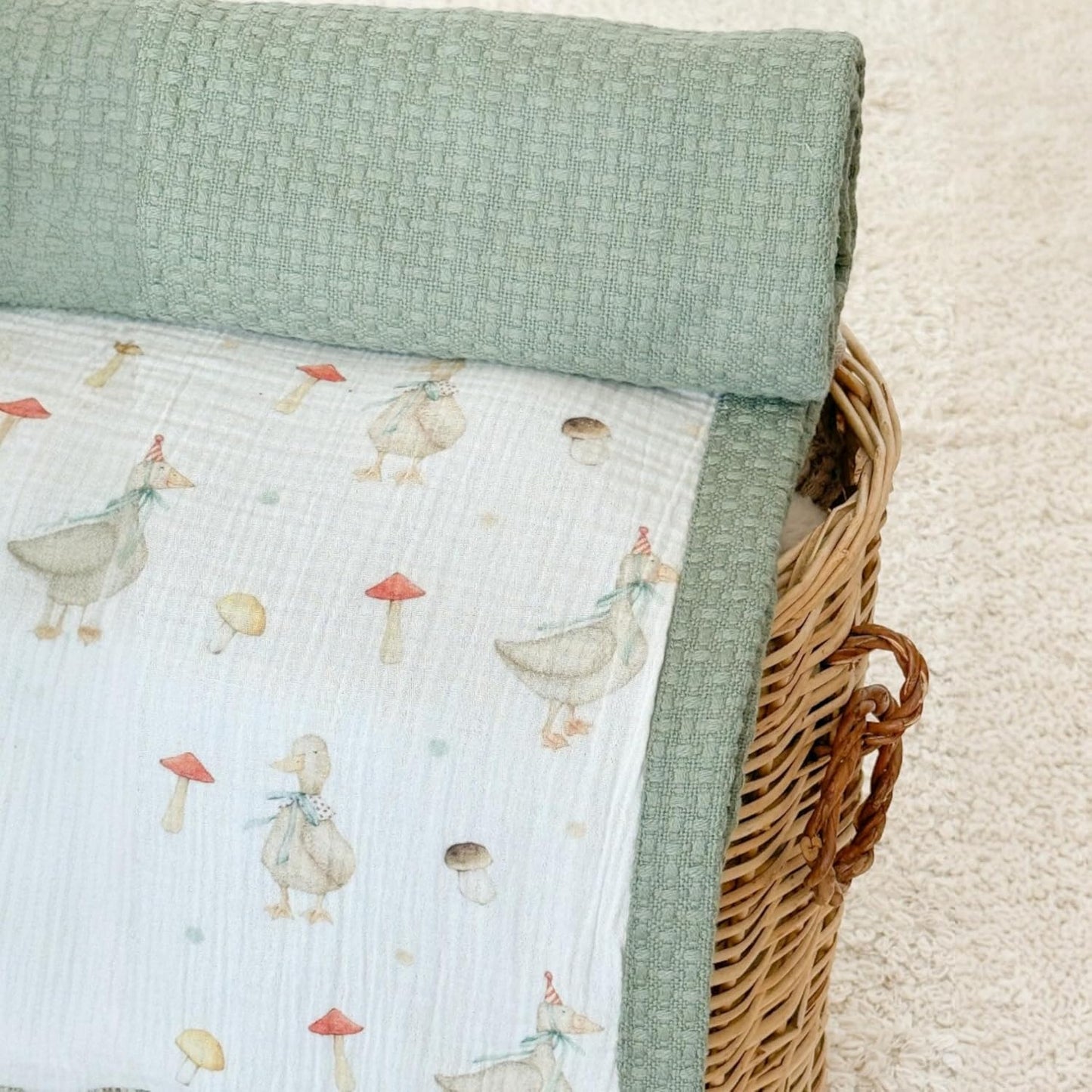 Personalized Baby Blanket with Name – Handmade 100% Organic Cotton Newborn Gift | Custom Knit Blanket for Boys, Girls, Kids & Baby Showers (Sage Green/Goose & Cap)