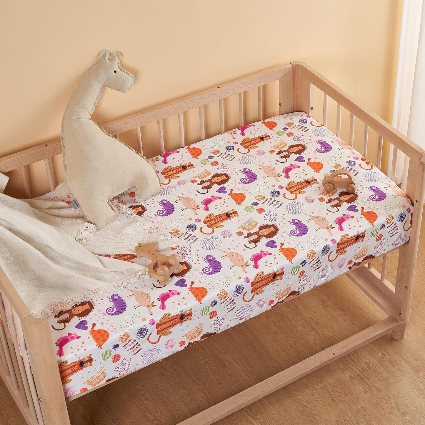 TILLYOU Baby Crib Sheets for Boys Girls, Super Soft Toddler Bed Sheets, 2 Pack Sheets for Standard Crib Mattress 28x52in, Animal Graffiti