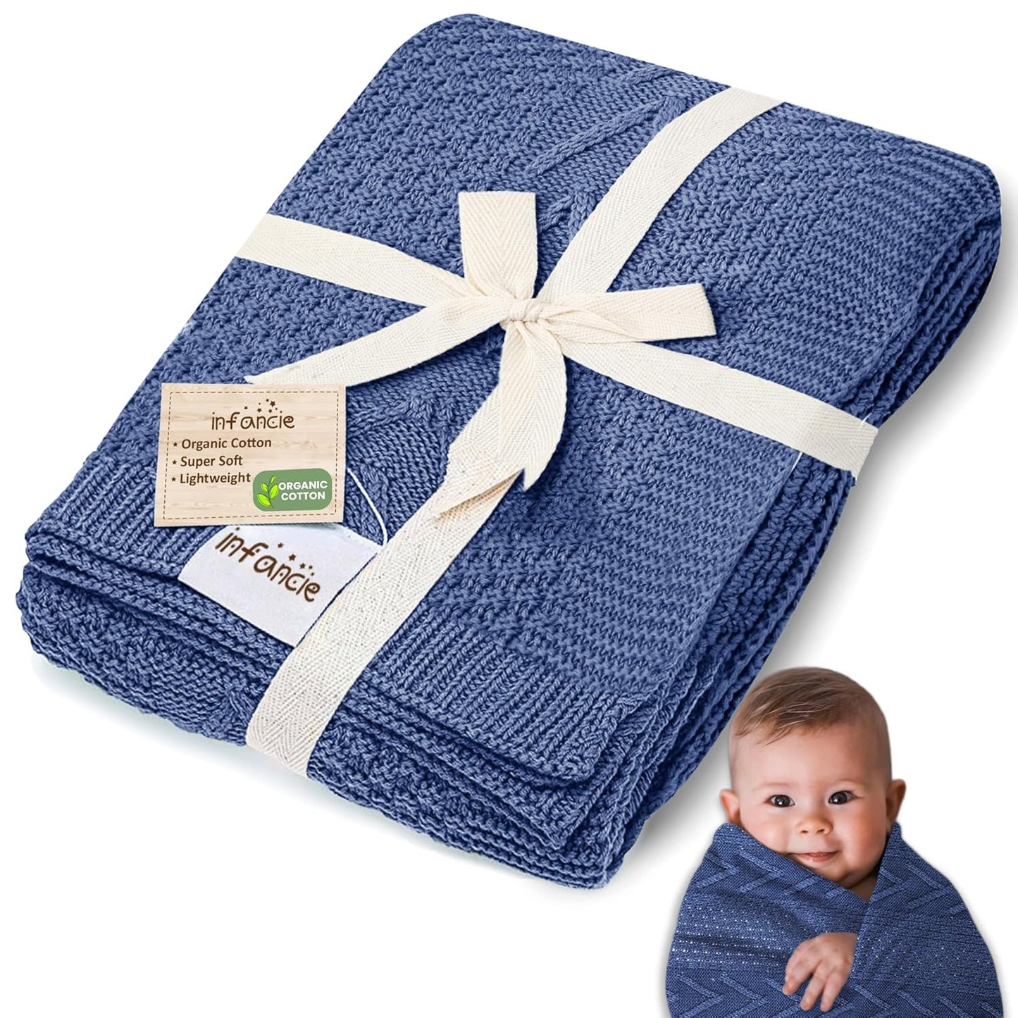 Organic Cotton Baby Blanket - 31.5 x 43.3 Inches, Soft Knitted Crib Blanket for Boys & Girls, Breathable Design (Blue)