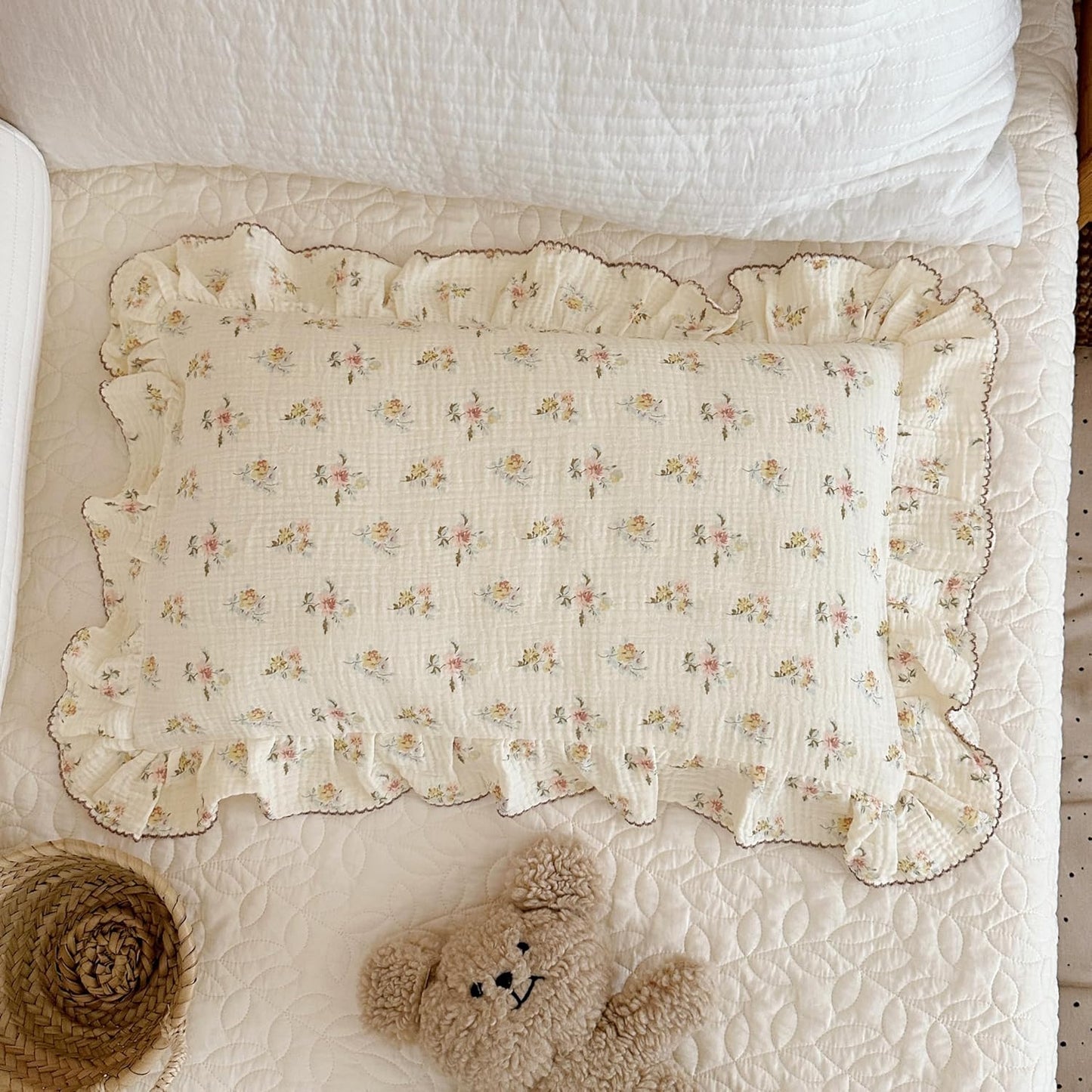 BuLuTu Double Layers Muslin Cotton Pillowcase King Size Vintage Floral Print Pillow Case Teens Girls Women Ruffled Pillow Cover, Envelope Closure, 20x36 inch, 1 Piece, Azalea