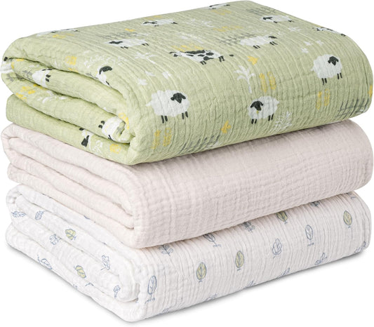 Muslin Swaddle Blankets for Newborn, 3 Pack Breathable Soft Receiving Blanket, Large 38 x 40 inches Swaddle Wrap Burping Clothes Diapers, Essentials Infant Shower Items, Toddler Gift (Cute Farm)