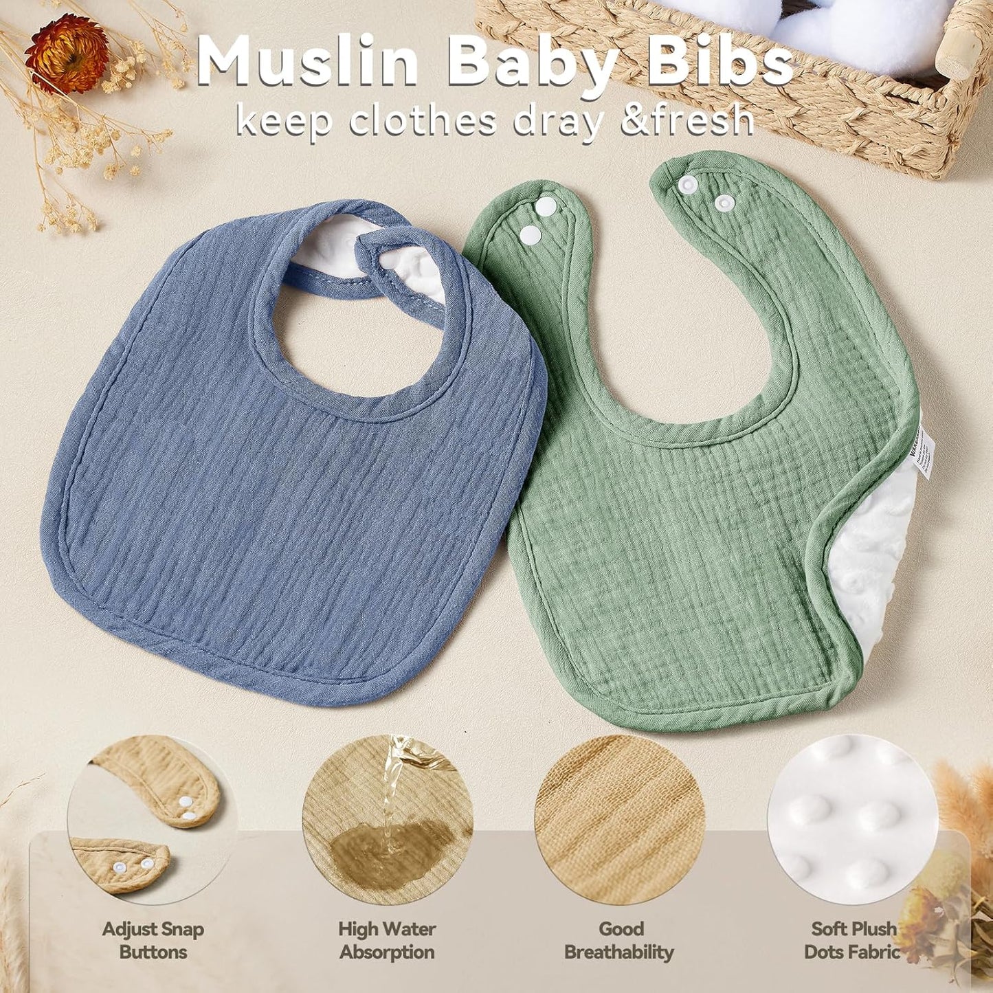 Muslin Baby Bibs for Unisex Boys Girls, Cotton Drool Bibs, Adjustable Newborn Bibs for Drooling and Teething